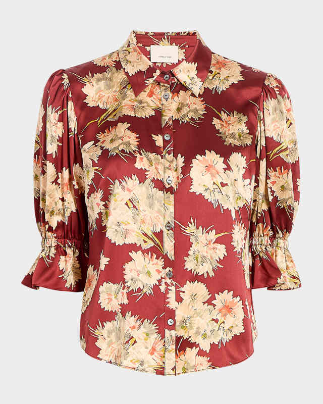 Mae Bouquet Satin Puff-Sleeve Shirt